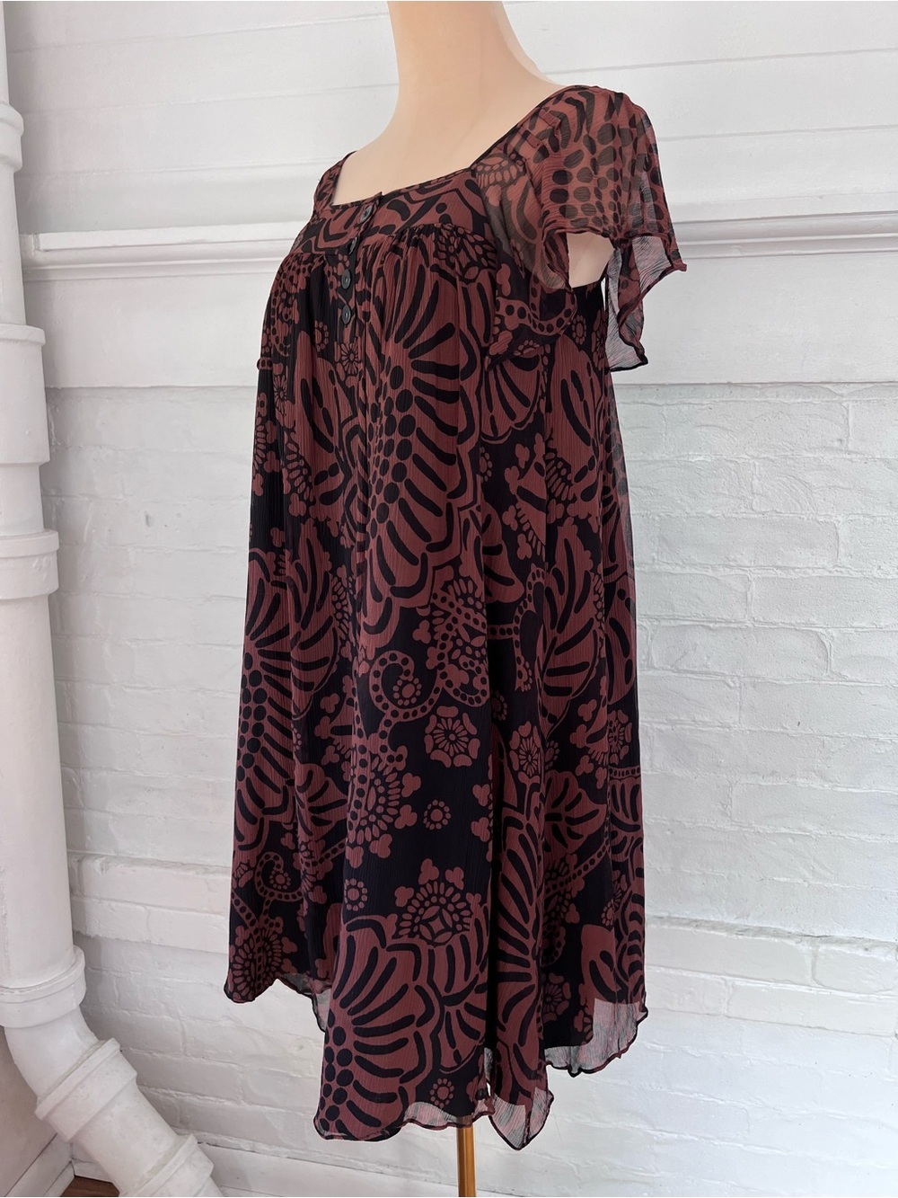 Tibi Silk Floral Flutter Sleeve Shift Dress Summer Black Brown Size 2 - Picture 3 of 10